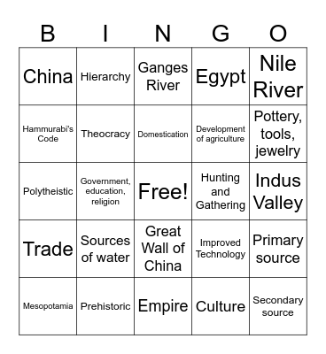 Ancient Civilizations Bingo Card