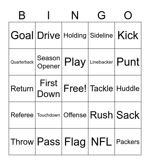 Packers Football Bingo Card