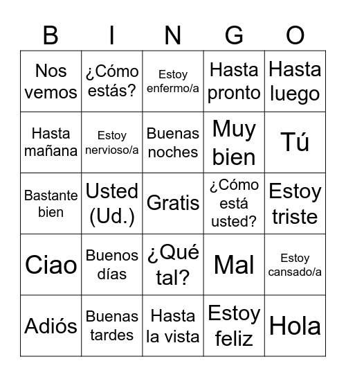 Sp 1 Los saludos/Las despedidas Bingo Card