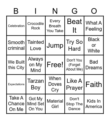 Best of The 80's Bingo Card