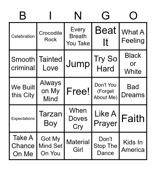 Best of The 80's Bingo Card