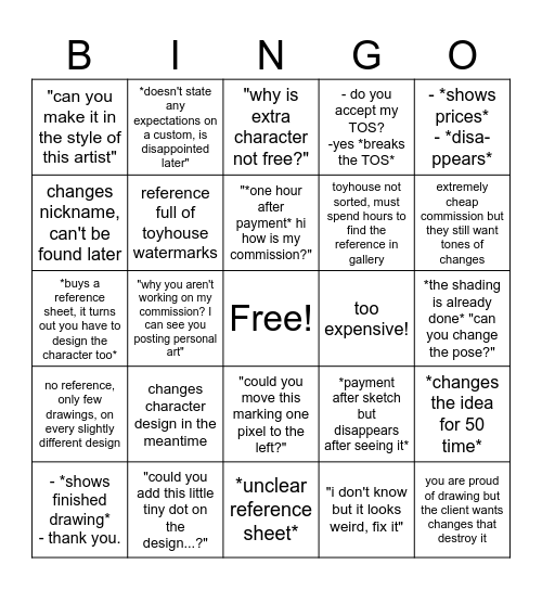 artist with open commissions Bingo Card