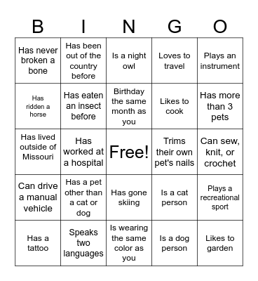 Get To Know Your Classmates Bingo Card