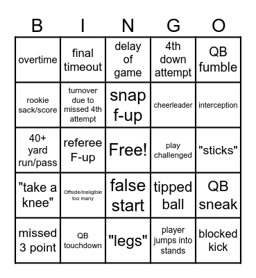 NFL Bingo Card