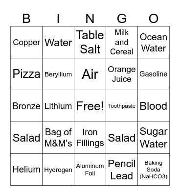 Elements, Compounds, and Mixtures. Oh my! Bingo Card