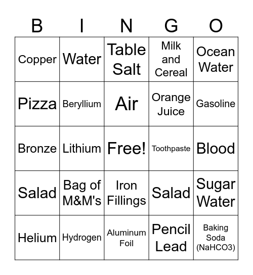 Elements, Compounds, and Mixtures. Oh my! Bingo Card