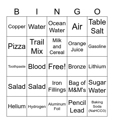 Elements, Compounds, and Mixtures. Oh my! Bingo Card
