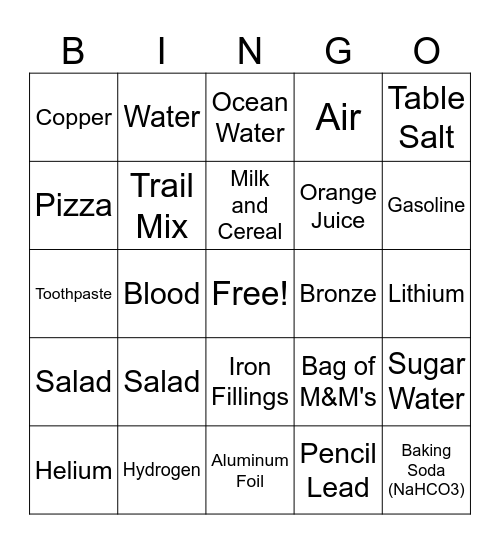 Elements, Compounds, and Mixtures. Oh my! Bingo Card