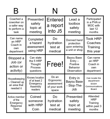 CHB Safety Bingo Card