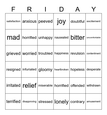 Names for Emotions Bingo Card