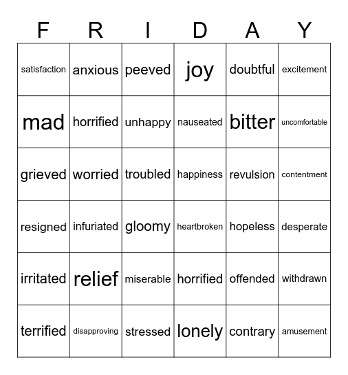 Names for Emotions Bingo Card