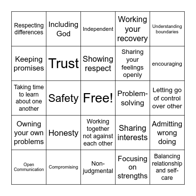 Relationship Bingo Card