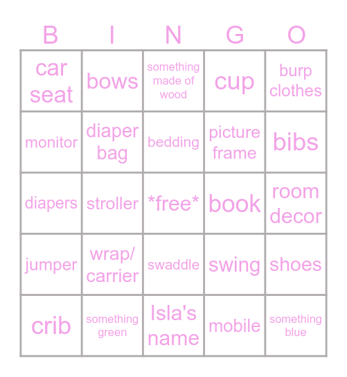 Baby Shower Bingo Card