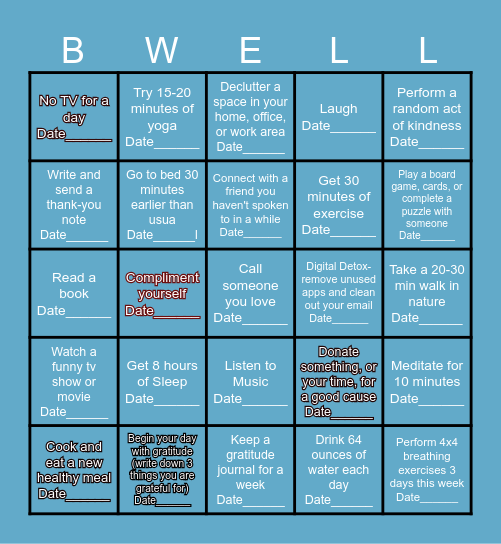 BWell Bingo Card