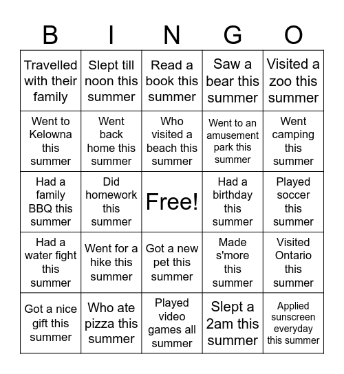 Summer fun! Who? Bingo Card