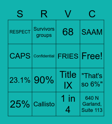 Sexual and Relationship Violence Center Bingo Card