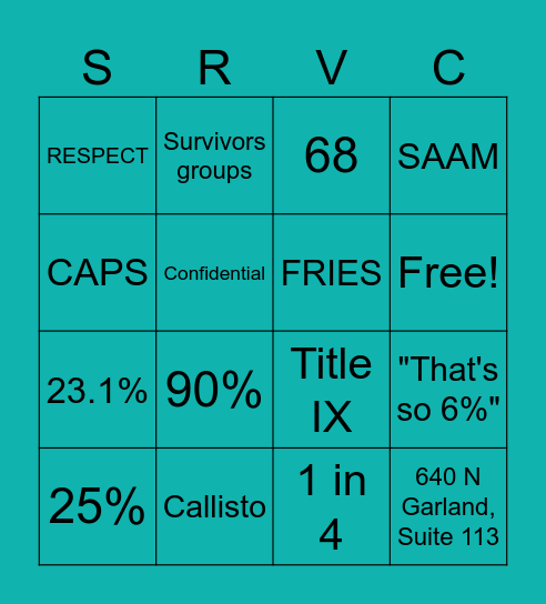 Sexual and Relationship Violence Center Bingo Card