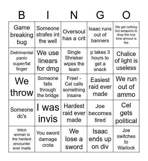 Crota Bingo Card