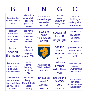 MBS BINGO - talk to someone who... Bingo Card