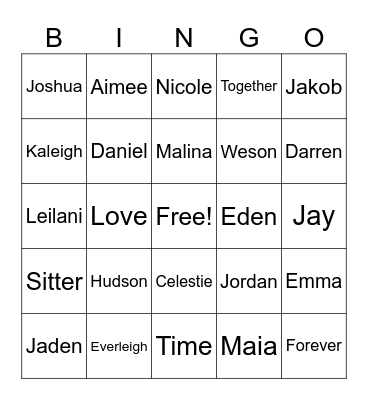 Sitter Family Bingo Card