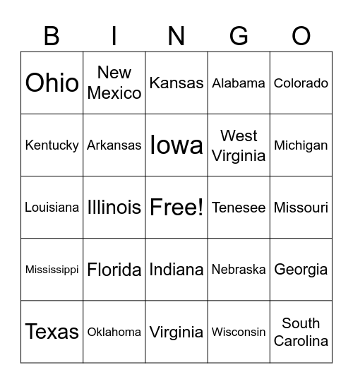 US States Bingo Card