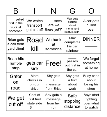 Vacation Bingo Card