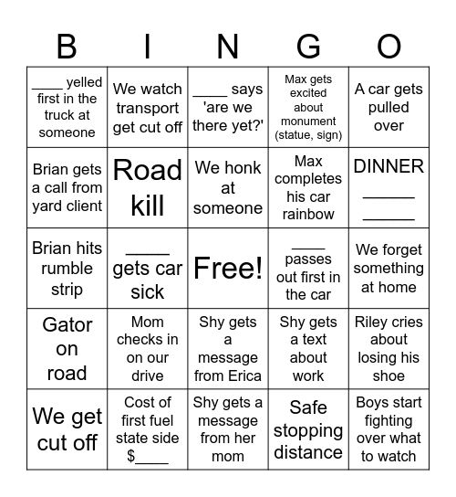 Vacation Bingo Card