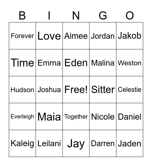 Sitter Family Bingo Card