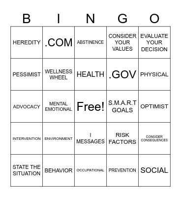 Unit 1 Health Review Bingo Card