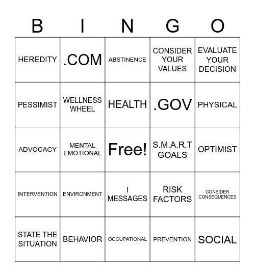 Unit 1 Health Review Bingo Card