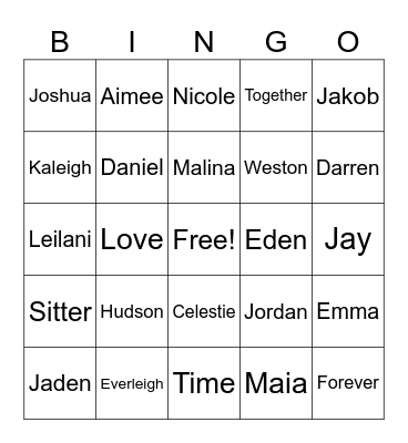 Sitter Family Bingo Card