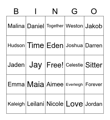 Sitter Family Bingo Card