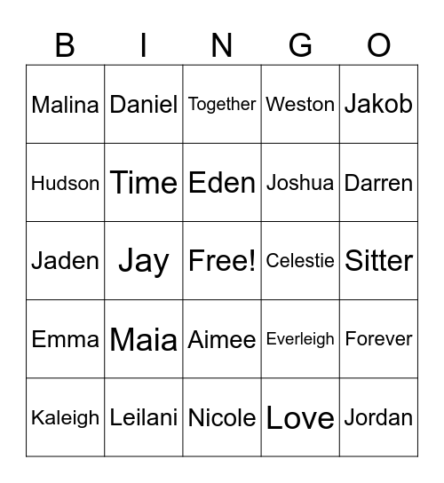 Sitter Family Bingo Card