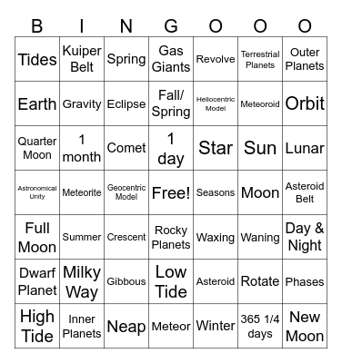 Outer Space Vocab Review Bingo Card