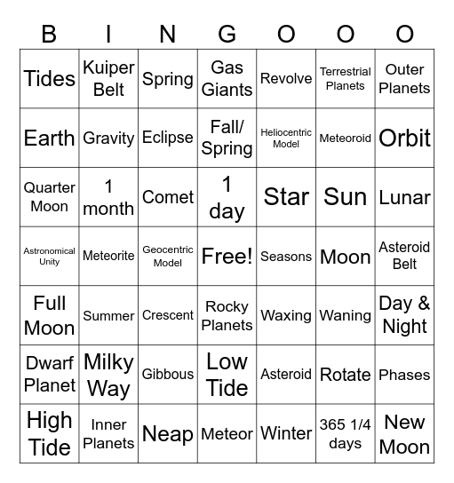 Outer Space Vocab Review Bingo Card