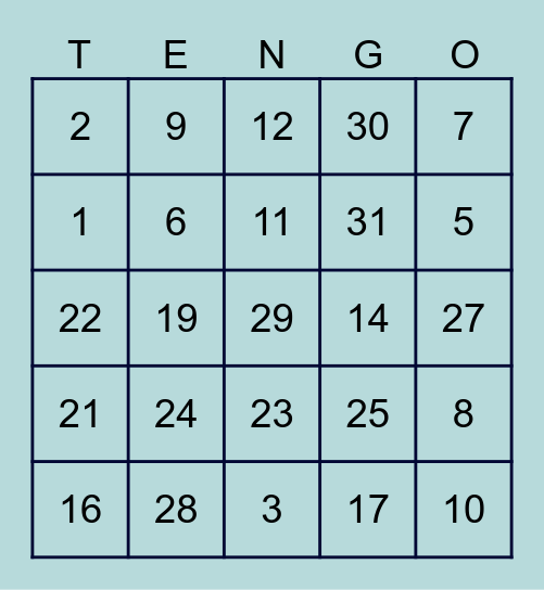 Numbers 0-31 Bingo Card