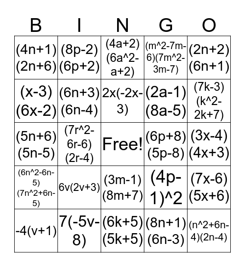 Multiplying Polynomials Bingo Card