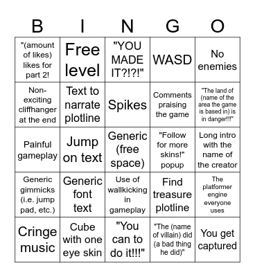 Scratch Platformer Bingo Card
