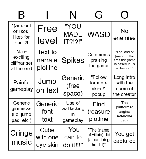 Scratch Platformer Bingo Card