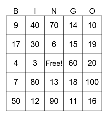Spanish Numerical Bingo Card