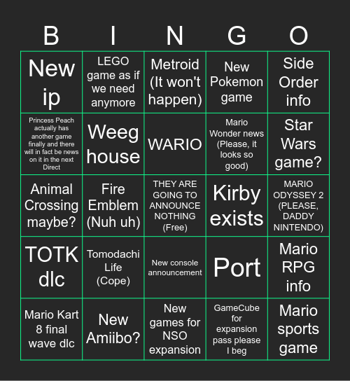 Nintendo Direct Bingo card but good Bingo Card