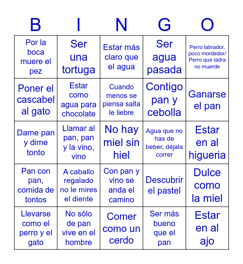 Expresiones y refranes con alimentos y animales Bingo Card