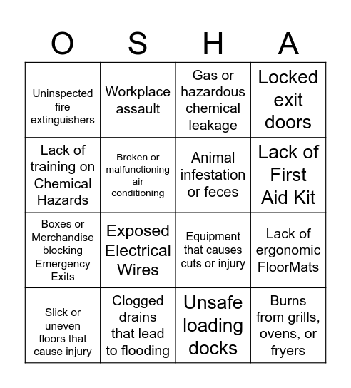 OSHA Violation Bingo Card