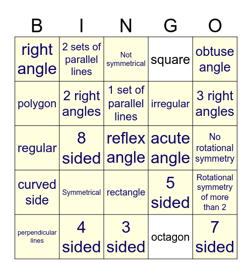 Properties of 2D Shapes Bingo Card