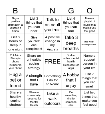 MENTAL HEALTH BINGO Card