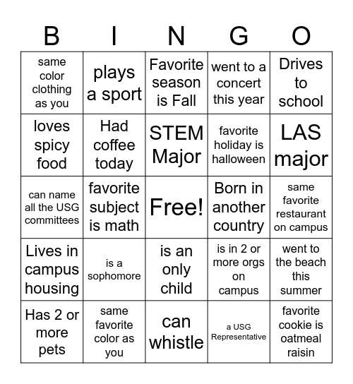 USG Bingo Card