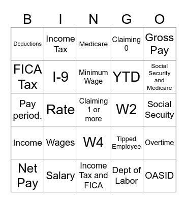 Paycheck BINGO Card