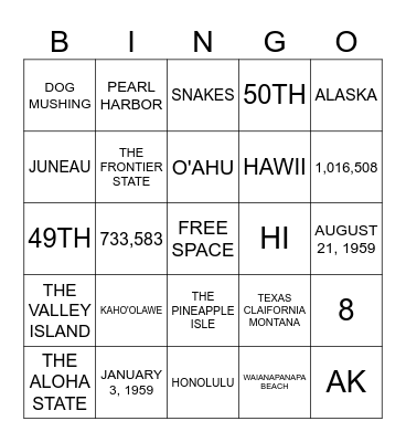 ALL ABOUT ALASKA & HAWAII Bingo Card