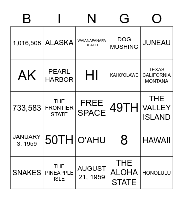 ALL ABOUT ALASKA AND HAWAII Bingo Card