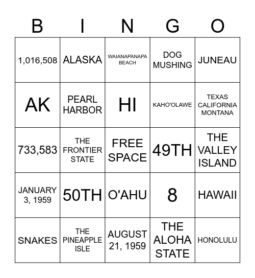 ALL ABOUT ALASKA AND HAWAII Bingo Card